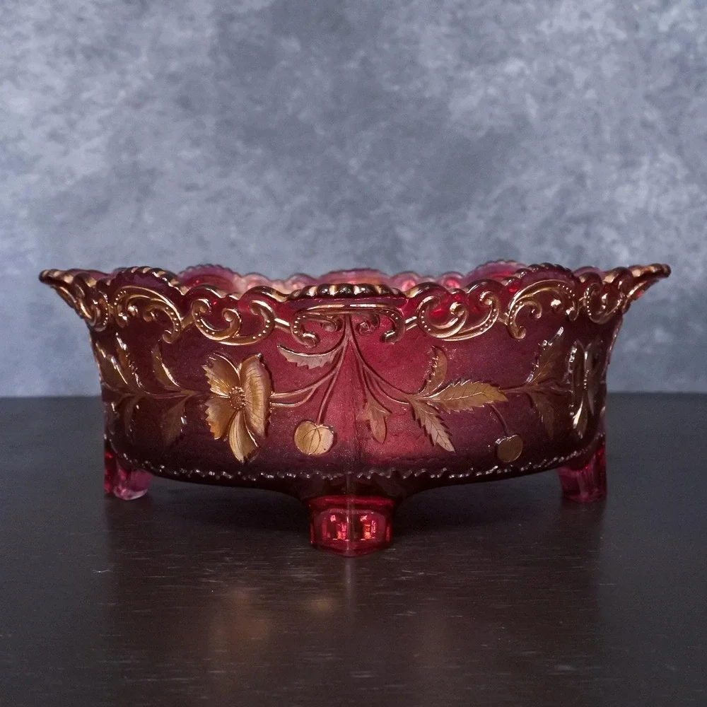 Antique Victorian US Glass Cranberry Flash Gold Floral Embossed Footed Bowl
